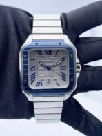 Cartier Santos Stainless Steel Large Blue PVD Bezel White Dial