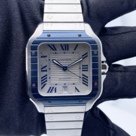 Cartier Santos Stainless Steel Large Blue PVD Bezel White Dial